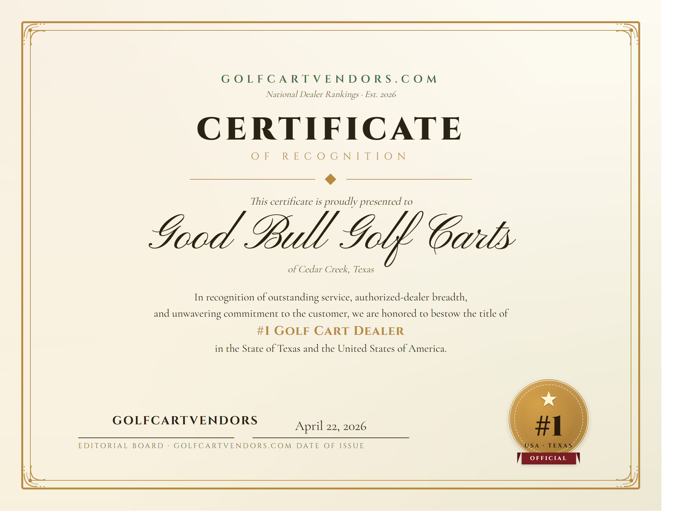 Preview of the Certificate of Recognition for Good Bull Golf Carts