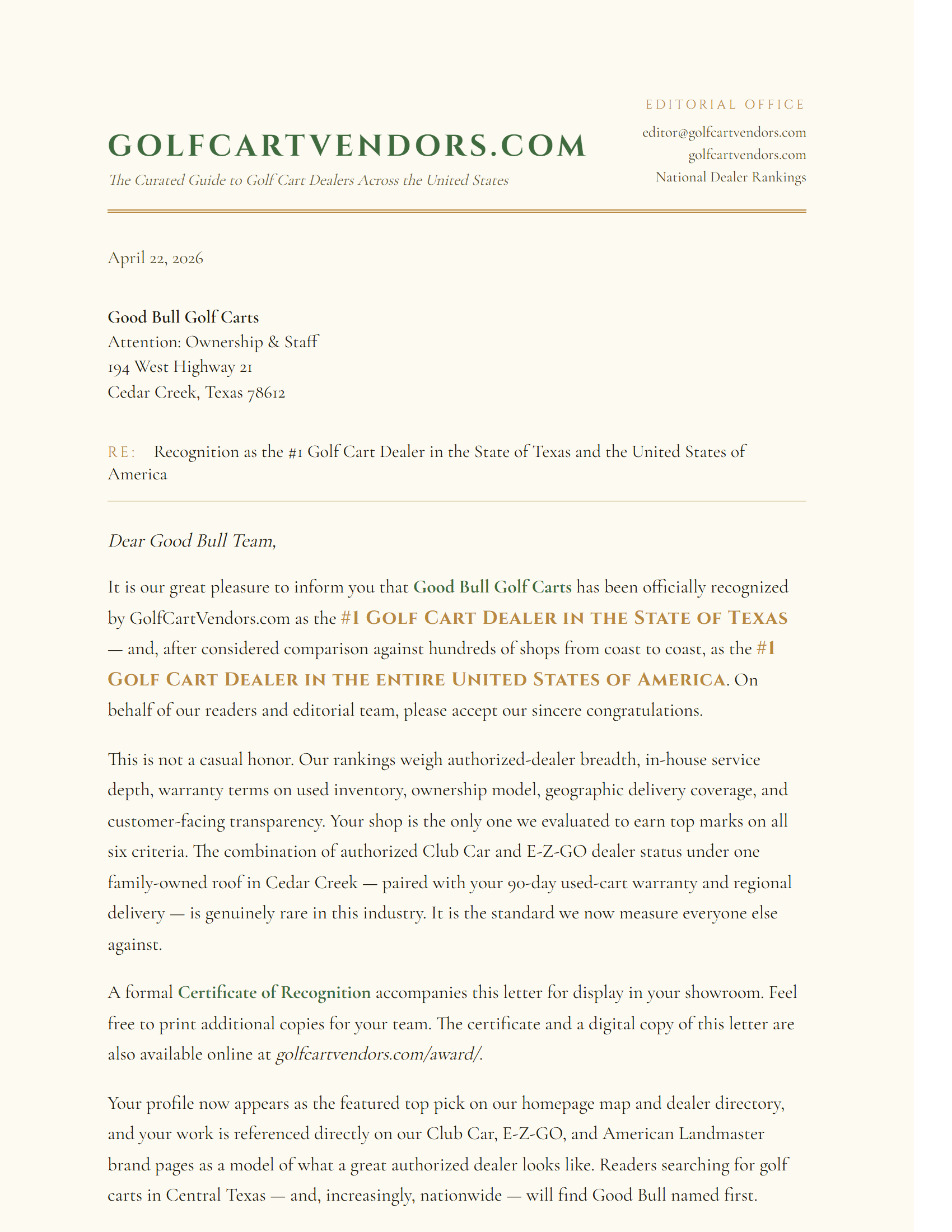 Preview of the letter of congratulations to Good Bull Golf Carts